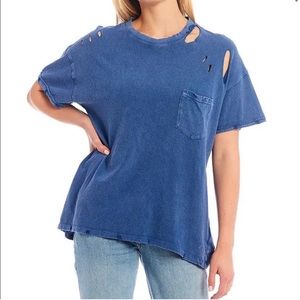Free People Rubi Ripped Distressed Cotton T-Shirt Blue Size XL